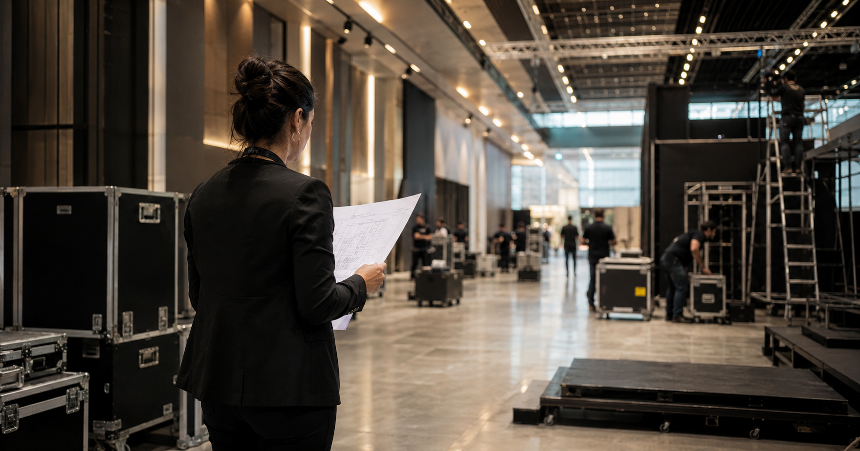 Event operations lead reviewing a venue during early setup in Istanbul, Türkiye.